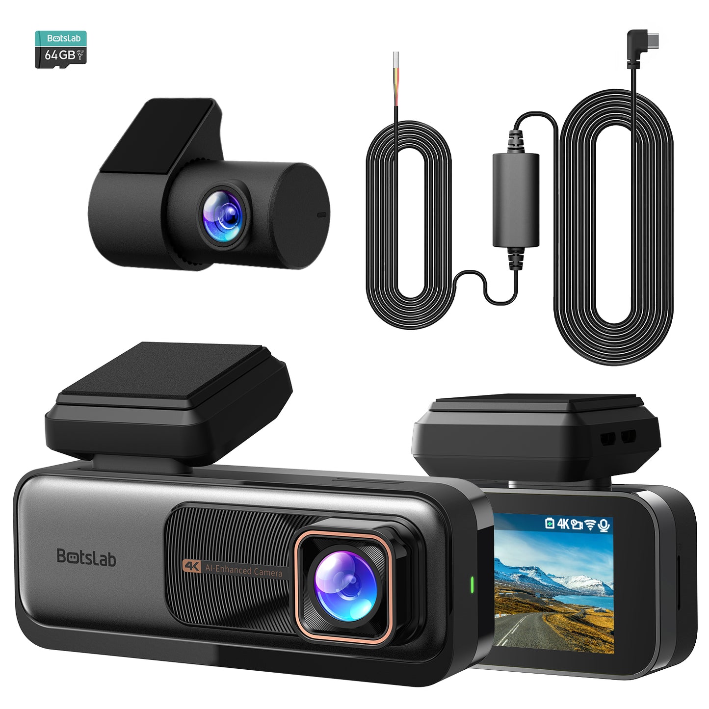 BOTSLAB 4K Dash Cam Front and Rear, 2K Rear Camera, Night Vision, ADAS, 64 GB SD