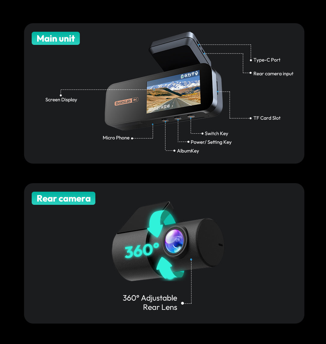 BOTSLAB 4K Dash Cam Front and Rear, 2K Rear Camera, Night Vision, ADAS, 64 GB SD