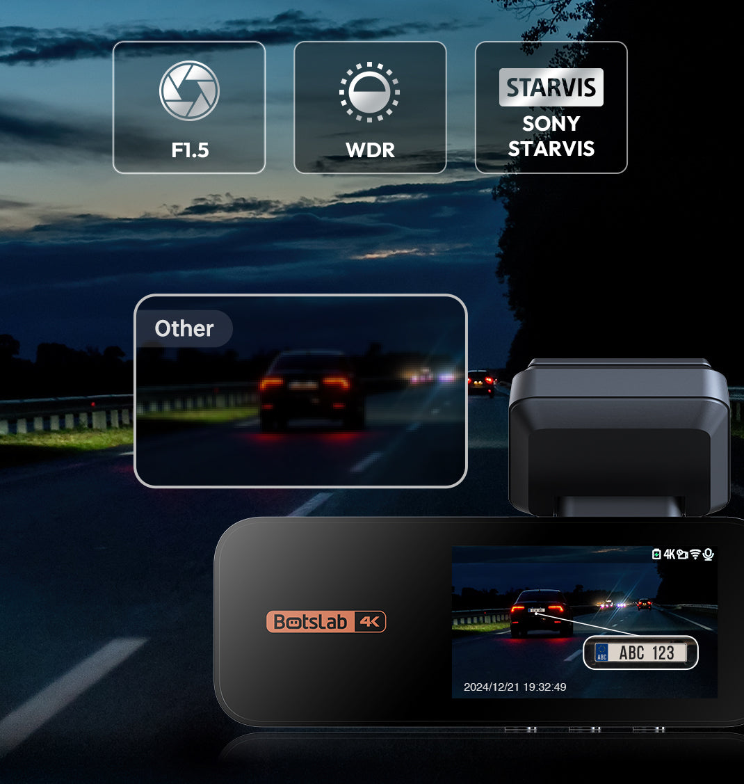 BOTSLAB 4K Dash Cam Front and Rear, 2K Rear Camera, Night Vision, ADAS, 64 GB SD