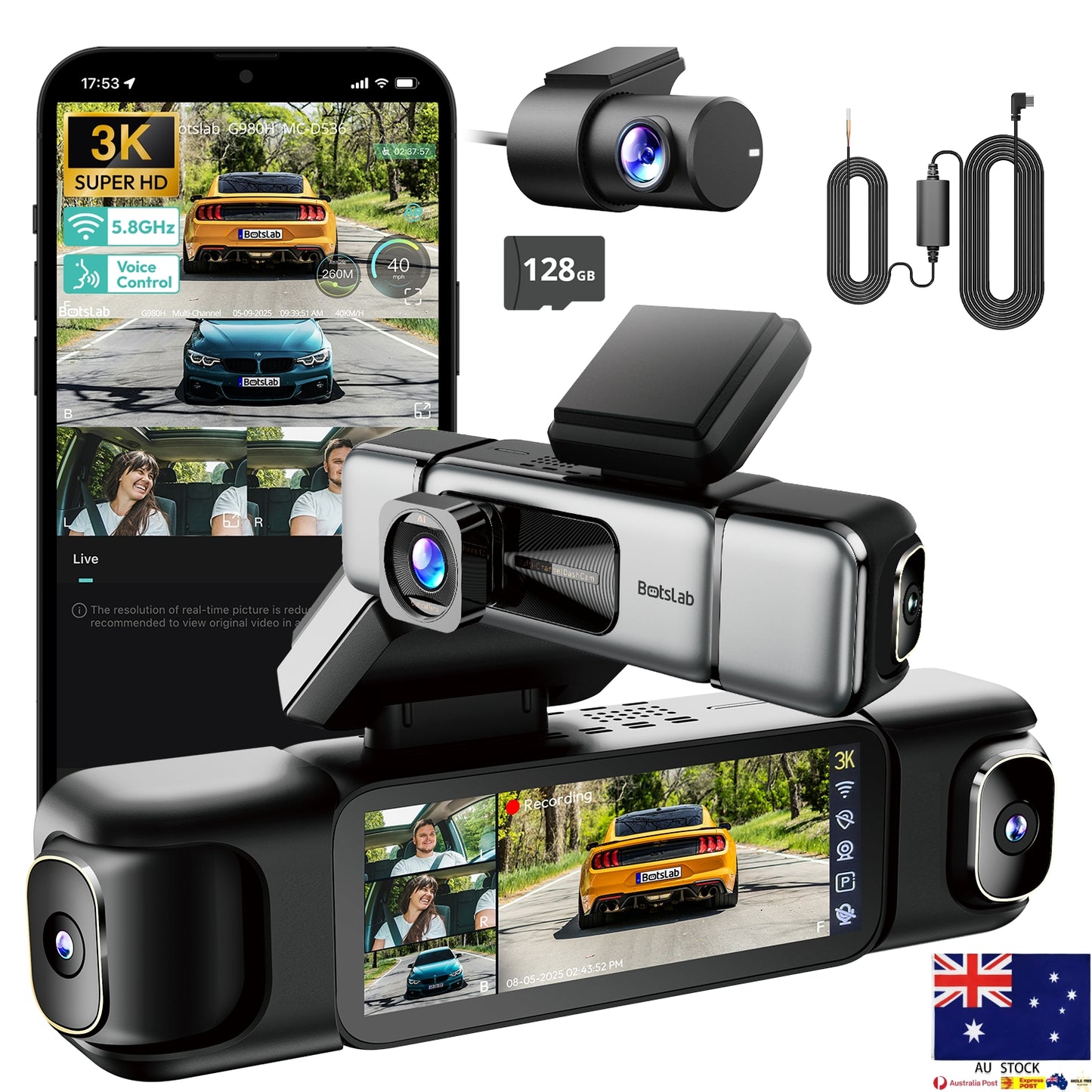 BOTSLAB 4 Channel Dash Cam, 3K Front and FHD*3, 128G SD, Night, GPS, WIFI, APP