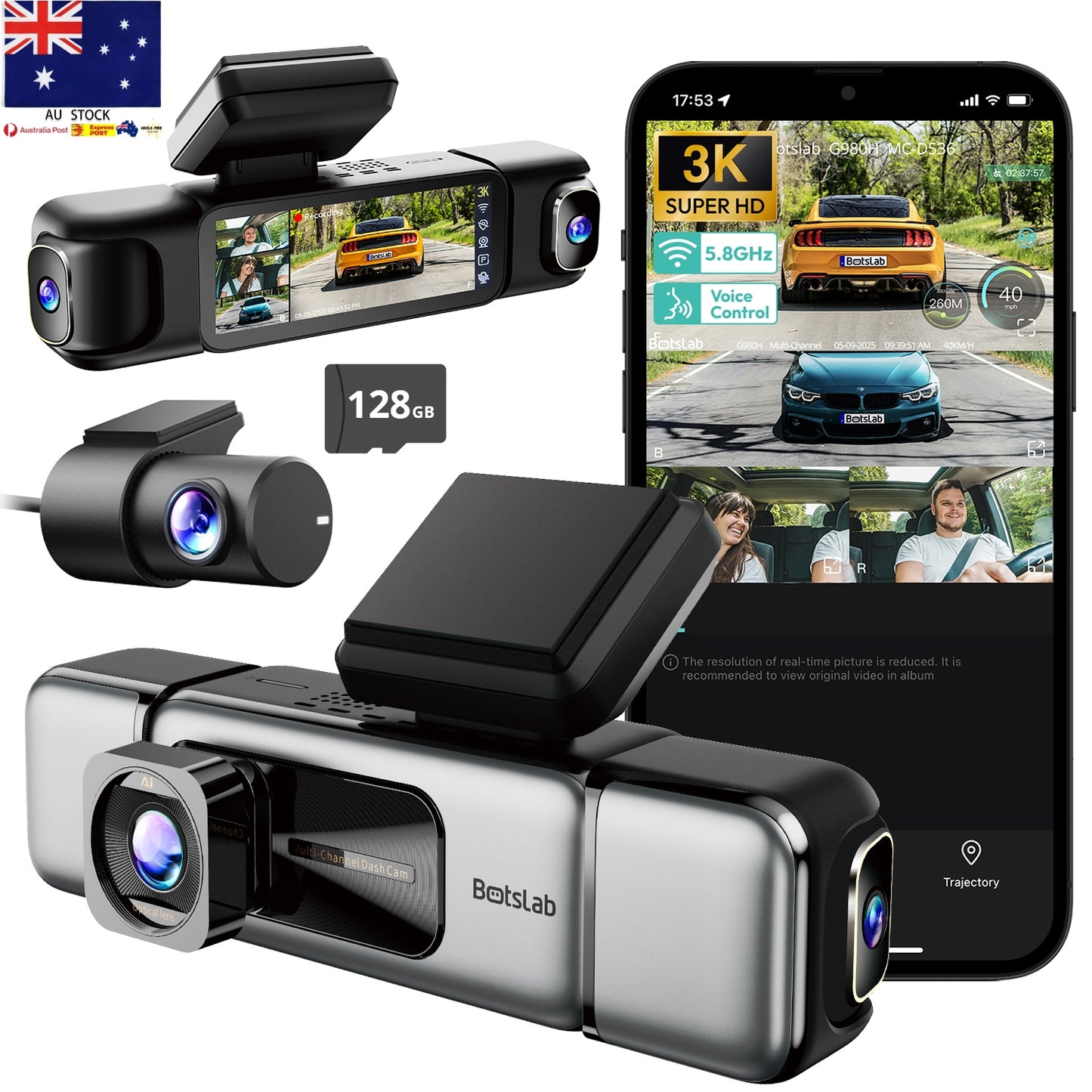BOTSLAB 4 Channel Dash Cam, 3K Front and FHD*3, 128G SD, Night, GPS, WIFI, APP