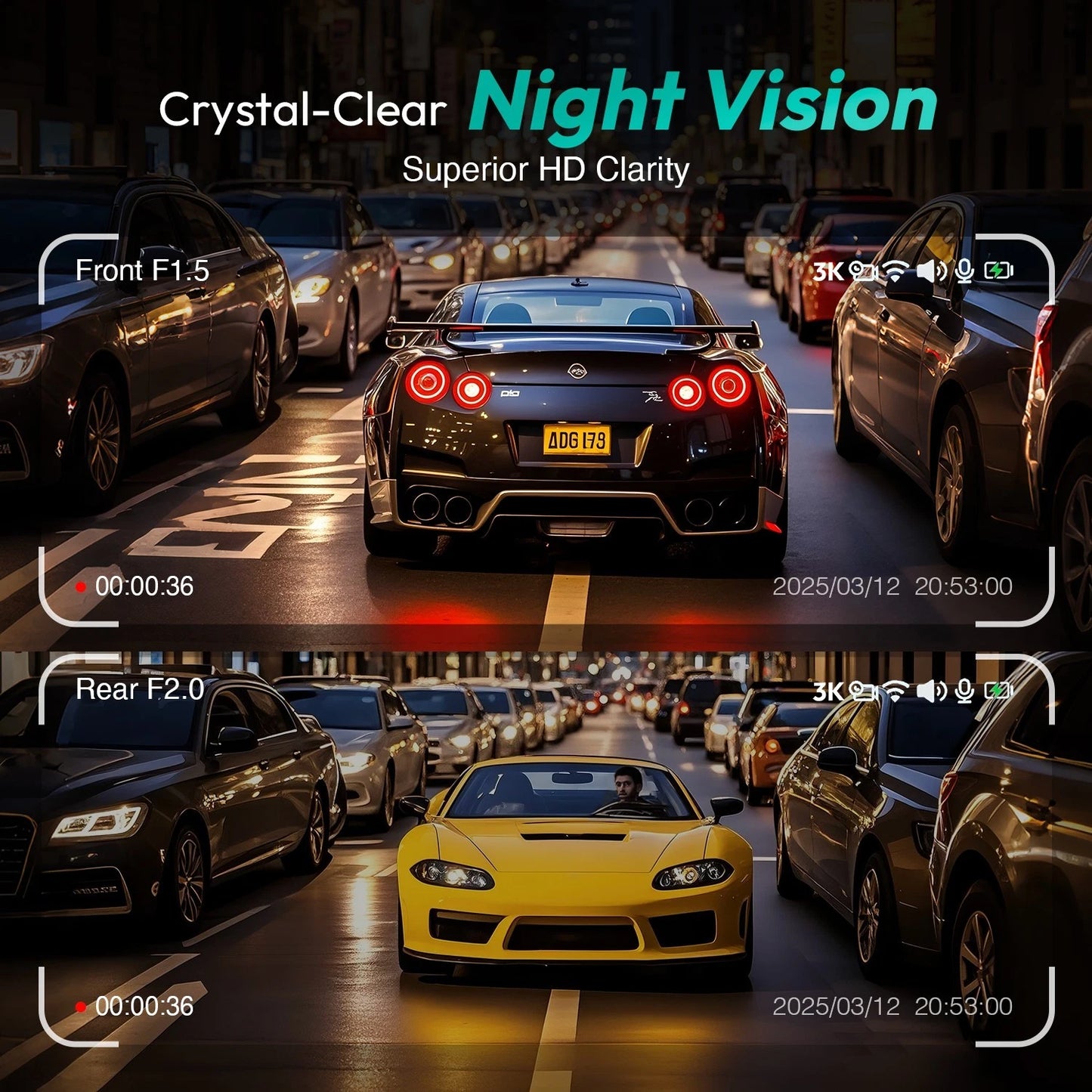 BOTSLAB 3K Dash Cam Front and Rear, FHD Rear Camera, Night Vision, ADAS,GPS,WIFI