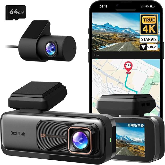 BOTSLAB 4K Dash Cam Front and Rear, 2K Rear Camera, Night Vision, ADAS, 64 GB SD