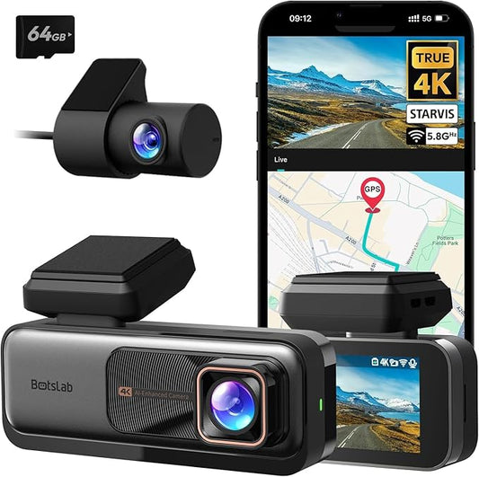 BOTSLAB 4K Dash Cam Front and Rear, 2K Rear Camera, Night Vision, ADAS, 64 GB SD