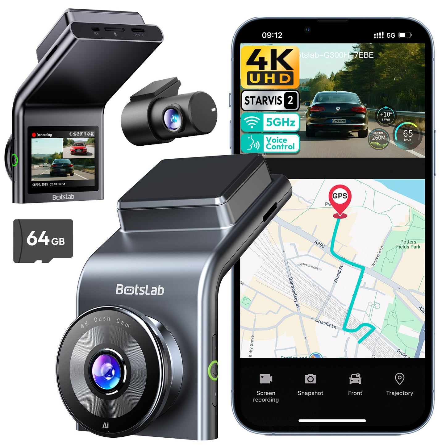 BOTSLAB 4K Dash Cam Front and FHD Rear Camera, Night Vision, ADAS,GPS,WIFI, 64GB