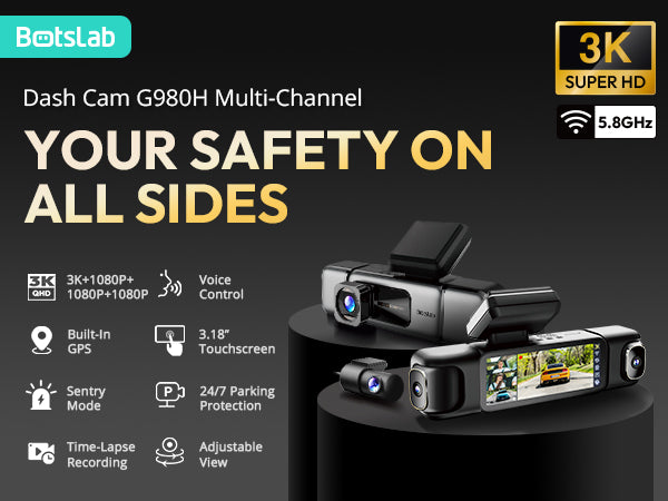 BOTSLAB 4 Channel Dash Cam, 3K Front and FHD*3, 128G SD, Night, GPS, WIFI, APP