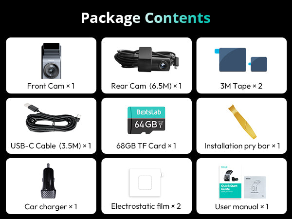 BOTSLAB 4K Dash Cam Front and FHD Rear Camera, Night Vision, ADAS,GPS,WIFI, 64GB